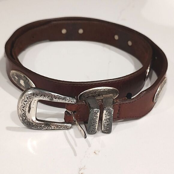 Latigo Brown Leather Belt with Silver Tone Accents Vintage Size 36 - Picture 1 of 11